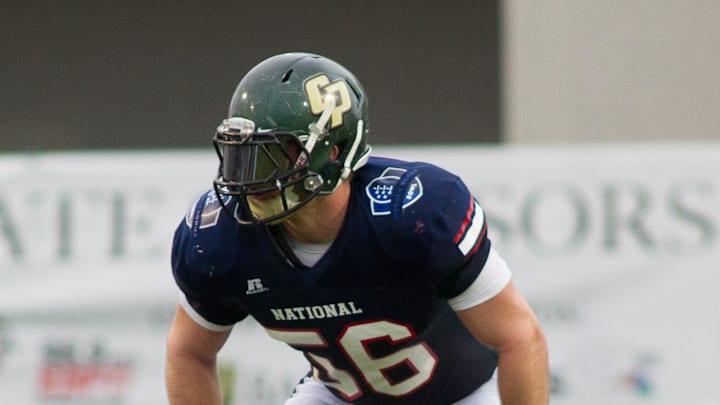 Jan 11, 2014; Charleston, SC, USA; Johnny Millard linebacker from Cal Poly participates in the Medal of Honor bowl held at Johnson Hagood Stadium. Mandatory Credit: Jeremy Brevard-Imagn Images