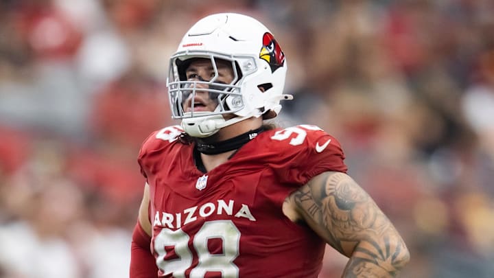 Sep 29, 2024; Glendale, Arizona, USA; Arizona Cardinals defensive tackle Roy Lopez (98) against the Washington Commanders at State Farm Stadium. Mandatory Credit: Mark J. Rebilas-Imagn Images Sep 29, 2024; Glendale, Arizona, USA; Arizona Cardinals defensive tackle Roy Lopez (98) against the Washington Commanders at State Farm Stadium. Mandatory Credit: Mark J. Rebilas-Imagn Images