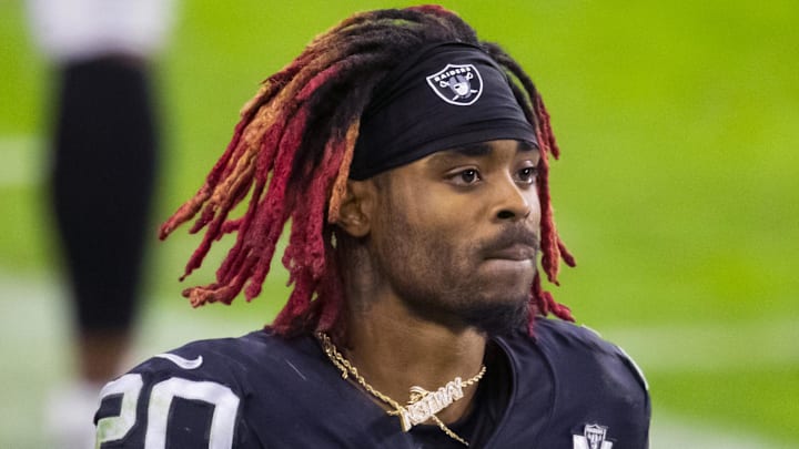 Nov 22, 2020; Paradise, Nevada, USA; Las Vegas Raiders cornerback Damon Arnette (20) against the Kansas City Chiefs at Allegiant Stadium. Mandatory Credit: Mark J. Rebilas-Imagn Images