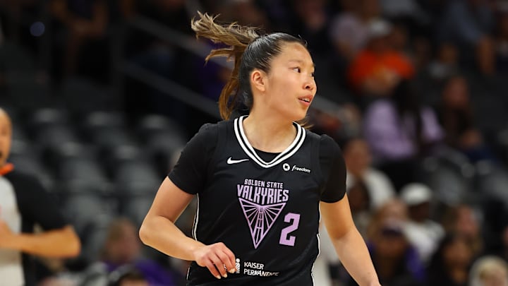 May 11, 2025; Phoenix, AZ, USA; Golden State Valkyries guard Kaitlyn Chen (2) against the Phoenix Mercury during a preseason game at PHX Arena. Mandatory Credit: Mark J. Rebilas-Imagn Images