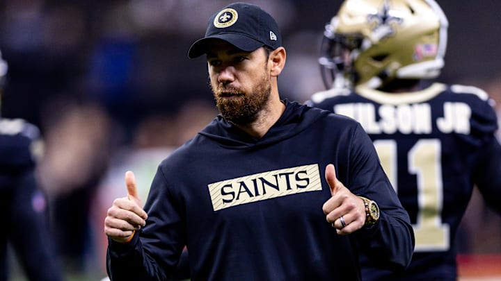 Sep 8, 2024; New Orleans, Louisiana, USA;  New Orleans Saints offensive coordinator Klint Kubiak reacts against the Carolina Panthers during the pregame at Caesars Superdome. Mandatory Credit: Stephen Lew-Imagn Images