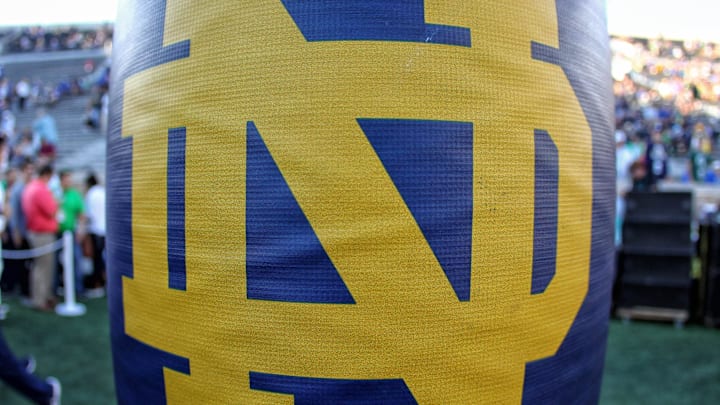 Sep 17, 2016; South Bend, IN, USA;  close up view of Norte Dame logo on goal post prior to a game