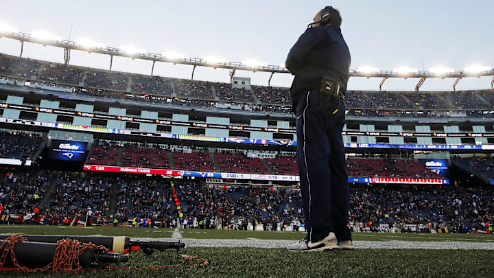 Dec 4, 2016; Foxborough, MA, USA; New England Patriots head coach Bill Belichick looks on during the second half against the Los Angeles Rams at Gillette Stadium. The Patriots won 26-10. Mandatory Credit: Winslow Townson-Imagn Images