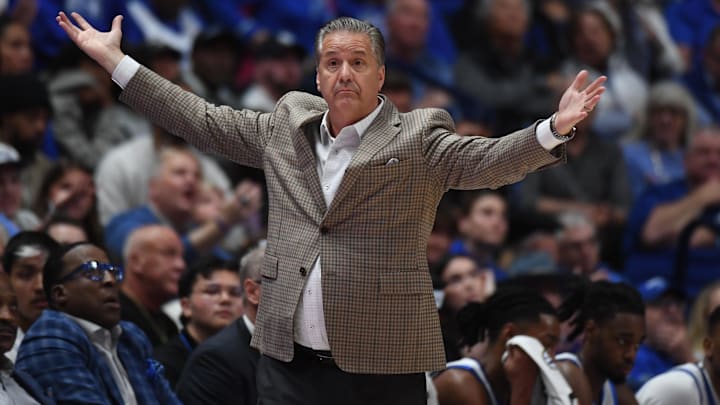 Mar 15, 2024; Nashville, TN, USA; Kentucky Wildcats head coach John Calipari questions a call during