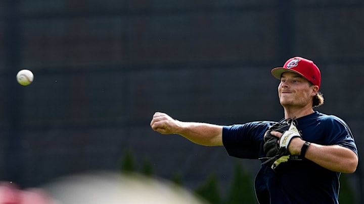 Columbus Clippers’s Travis Bazzana throws the ball during practice at Huntington Park on Wednesday, March 25, 2026 in Columbus, Ohio.