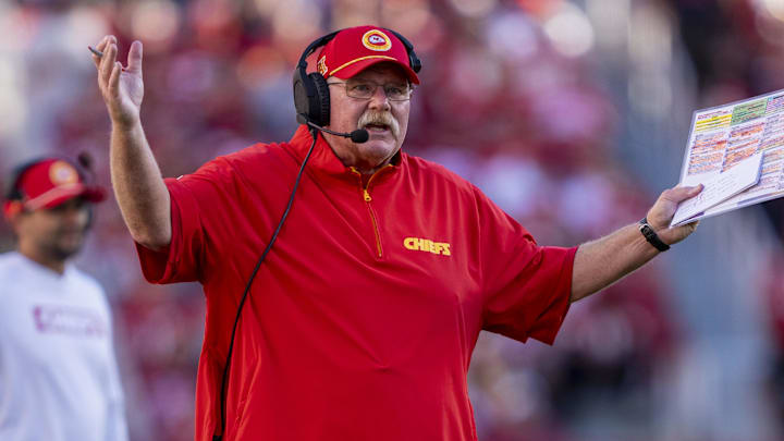 October 20, 2024; Santa Clara, California, USA; Kansas City Chiefs head coach Andy Reid argues with the referee during the fourth quarter against the San Francisco 49ers at Levi's Stadium. Mandatory Credit: Kyle Terada-Imagn Images