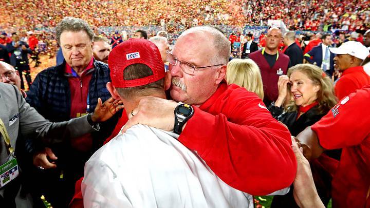 Feb 2, 2020; Miami Gardens, Florida, USA; Kansas City Chiefs head coach Andy Reid greets San Francisco 49ers head coach Kyle Shanahan after Super Bowl LIV at Hard Rock Stadium. Mandatory Credit: Matthew Emmons-Imagn Images Feb 2, 2020; Miami Gardens, Florida, USA; Kansas City Chiefs head coach Andy Reid greets San Francisco 49ers head coach Kyle Shanahan after Super Bowl LIV at Hard Rock Stadium. Mandatory Credit: Matthew Emmons-Imagn Images