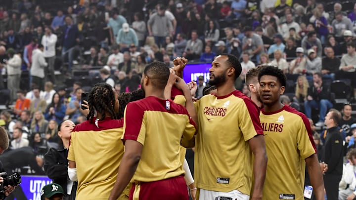 Mar 23, 2025; Salt Lake City, Utah, USA; Cleveland Cavaliers team huddles before the game against the Utah Jazz at Delta Center. Mandatory Credit: Peter Creveling-Imagn Images
