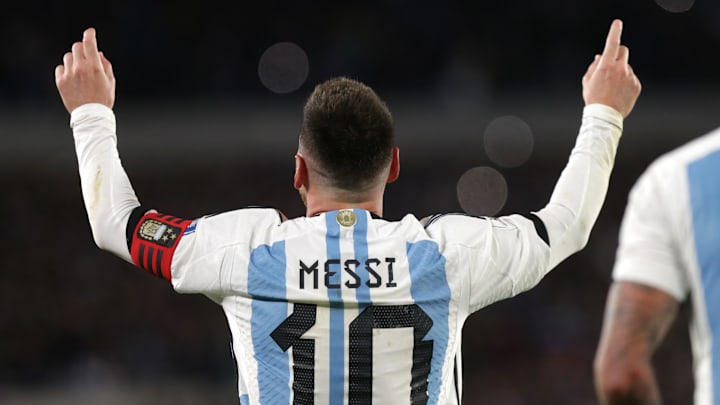 Argentina and Inter Miami forward Lionel Messi celebrates after his free kick beat Ecuador on Thursday in a World Cup qualifier.
