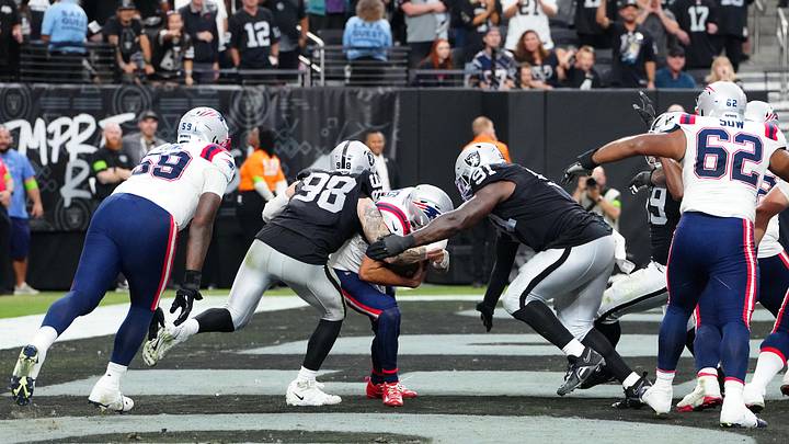 Oct 15, 2023; Paradise, Nevada, USA; New England Patriots quarterback Mac Jones (10) is sacked for a Oct 15, 2023; Paradise, Nevada, USA; New England Patriots quarterback Mac Jones (10) is sacked for a