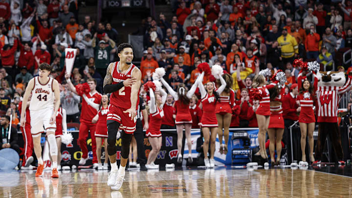 Mar 13, 2026; Chicago, IL, USA; Wisconsin Badgers guard Nick Boyd (2) reacts after scoring against the Illinois Fighting Illini during the second half at United Center. Mandatory Credit: Kamil Krzaczynski-Imagn Images Mar 13, 2026; Chicago, IL, USA; Wisconsin Badgers guard Nick Boyd (2) reacts after scoring against the Illinois Fighting Illini during the second half at United Center. Mandatory Credit: Kamil Krzaczynski-Imagn Images