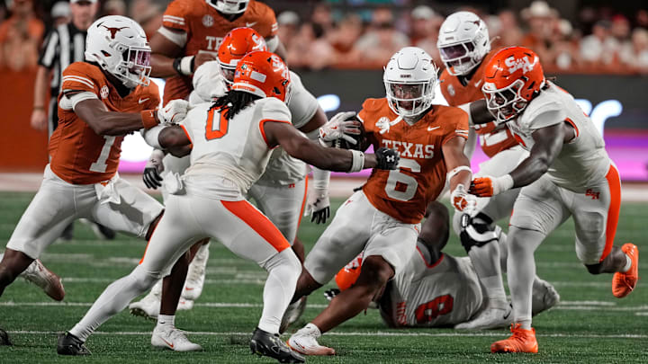 Sep 20, 2025; Austin, Texas, USA; Texas Longhorns running back Christian Clark (6) against the Sam Houston Bearkats, Sept. 20, 2025, at Darrell K Royal-Texas Memorial Stadium in Austin, Texas.