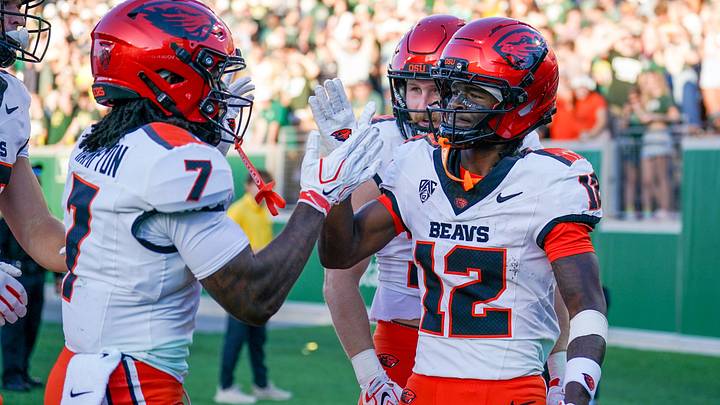 Oct 3, 2026; Fort Collins, Colorado, USA; Oregon State Beavers wide receiver Jesse Legree (12) celebrates his touchdown against the Colorado State Rams with Aeryn Hampton in the first half at Sonny Lubick Field at Canvas Stadium. Mandatory Credit: Andrew Rydland-Imagn Images Oct 3, 2026; Fort Collins, Colorado, USA; Oregon State Beavers wide receiver Jesse Legree (12) celebrates his touchdown against the Colorado State Rams with Aeryn Hampton in the first half at Sonny Lubick Field at Canvas Stadium. Mandatory Credit: Andrew Rydland-Imagn Images
