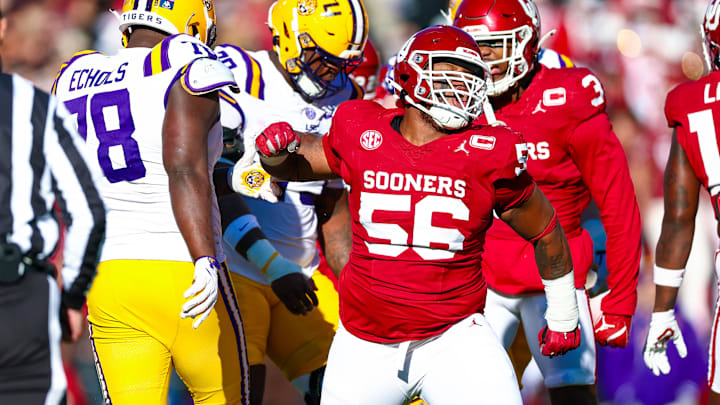 Nov 29, 2025; Norman, Oklahoma, USA; Oklahoma Sooners defensive lineman Gracen Halton (56) reacts during the first half against the Louisiana State Tigers  at Gaylord Family-Oklahoma Memorial Stadium. Mandatory Credit: Kevin Jairaj-Imagn Images