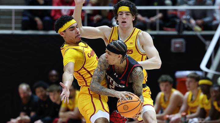 Feb 24, 2026; Salt Lake City, Utah, USA; Utah Utes guard Terrence Brown (middle) looks to pass against Iowa State Cyclones guard Tamin Lipsey (left) and forward Blake Buchanan (right) during the first half at Jon M. Huntsman Center. Mandatory Credit: Rob Gray-Imagn Images Feb 24, 2026; Salt Lake City, Utah, USA; Utah Utes guard Terrence Brown (middle) looks to pass against Iowa State Cyclones guard Tamin Lipsey (left) and forward Blake Buchanan (right) during the first half at Jon M. Huntsman Center. Mandatory Credit: Rob Gray-Imagn Images