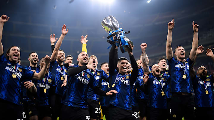 Players of FC Internazionale lift the trophy during the...