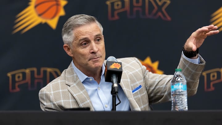 Jun 10, 2025; Scottsdale, AZ, USA; Phoenix Suns general manager Brian Gregory during an introductory press conference at the Verizon 5g Performance Center. Mandatory Credit: Mark J. Rebilas-Imagn Images