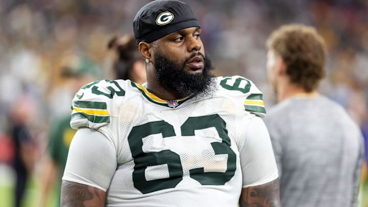 Oct 19, 2025; Glendale, Arizona, USA; Green Bay Packers tackle Rasheed Walker (63) against the Arizona Cardinals at State Farm Stadium.