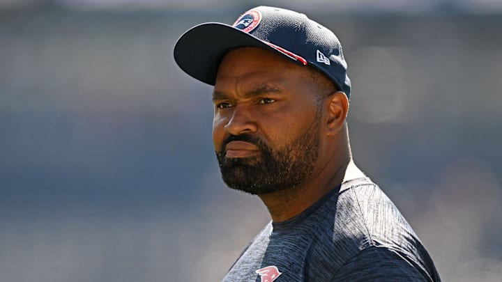 Sep 15, 2024; Foxborough, Massachusetts, USA; New England Patriots head coach Jerod Mayo watches warmups before a game against the Seattle Seahawks at Gillette Stadium. Mandatory Credit: Brian Fluharty-Imagn Images