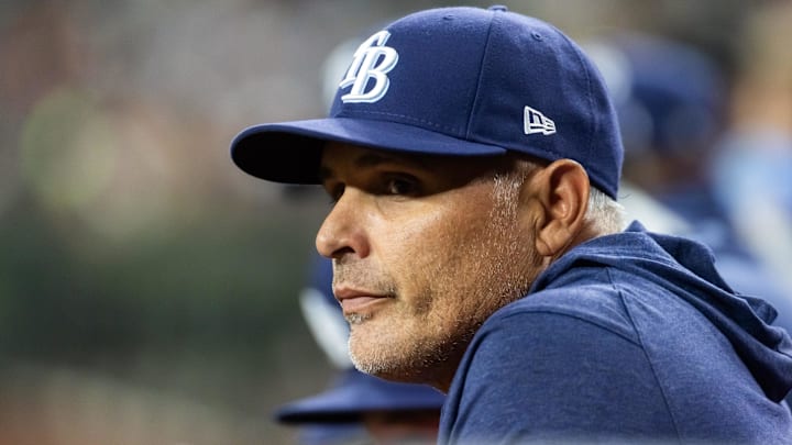 Apr 22, 2025; Phoenix, Arizona, USA; Tampa Bay Rays manager Kevin Cash against the Arizona Diamondbacks at Chase Field.