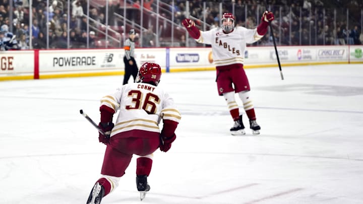 Ryan Conmy celebrates towards Drew Fortescue on Nov. 21. 2025 at Conte Forum.