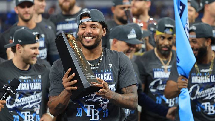 Oct 19, 2026; St. Petersburg, Florida, USA;  Tampa Bay Rays pitcher Freddy Peralta (51) reacts after defeating the Cleveland Guardians in game six of the ALCS to advance to the World Series for the 2026 MLB Playoffs at Tropicana Field.  Mandatory Credit: Kim Klement Neitzel-Imagn Images