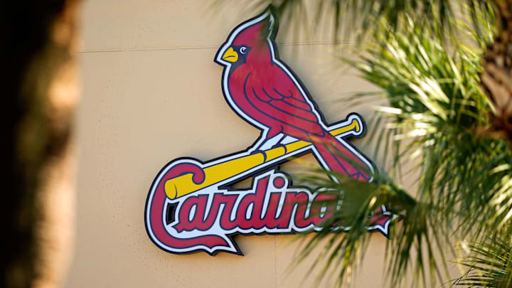 Feb 26, 2021; Jupiter, Florida, USA; A general view of the St. Louis Cardinals logo on the stadium at Roger Dean Stadium during spring training workouts. Mandatory Credit: Jasen Vinlove-Imagn Images