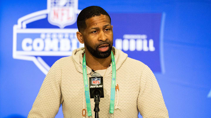 Feb 27, 2024; Indianapolis, IN, USA; Cleveland Browns Executive Vice President of Football Operations and General Manager Andrew Berry talks to the media at the 2024 NFL Combine at Indiana Convention Center. Feb 27, 2024; Indianapolis, IN, USA; Cleveland Browns Executive Vice President of Football Operations and General Manager Andrew Berry talks to the media at the 2024 NFL Combine at Indiana Convention Center.