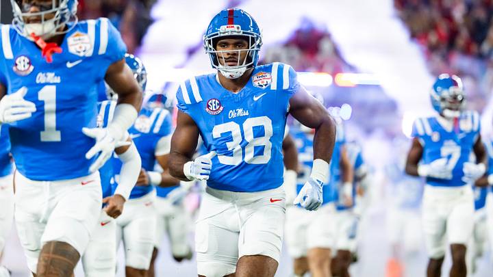 Jan 8, 2026; Glendale, AZ, USA; Mississippi Rebels linebacker Tyler Banks (38) against the Miami Hurricanes during the 2026 Fiesta Bowl and semifinal game of the College Football Playoff at State Farm Stadium. Mandatory Credit: Mark J. Rebilas-Imagn Images Jan 8, 2026; Glendale, AZ, USA; Mississippi Rebels linebacker Tyler Banks (38) against the Miami Hurricanes during the 2026 Fiesta Bowl and semifinal game of the College Football Playoff at State Farm Stadium. Mandatory Credit: Mark J. Rebilas-Imagn Images
