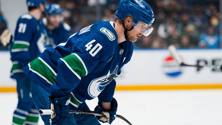 Apr 14, 2026; Vancouver, British Columbia, CAN; Vancouver Canucks forward Elias Pettersson (40) during a stop in play against the Los Angeles Kings in the third period at Rogers Arena. Mandatory Credit: Bob Frid-Imagn Images