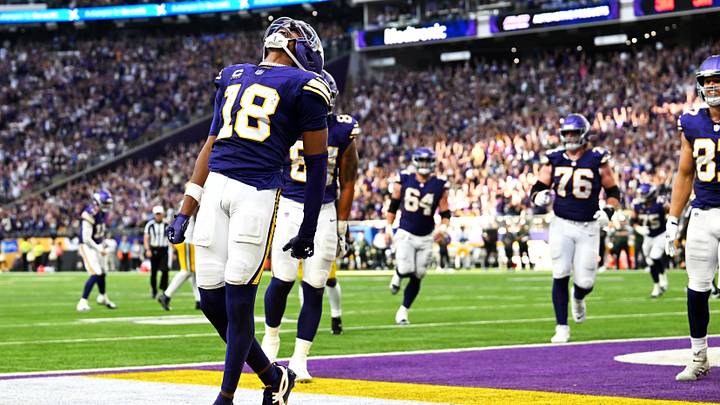 Minnesota Vikings wide receiver Justin Jefferson (18) celebrates after a touchdown during the second half against the Green Bay Packers at U.S. Bank Stadium. Minnesota Vikings wide receiver Justin Jefferson (18) celebrates after a touchdown during the second half against the Green Bay Packers at U.S. Bank Stadium.