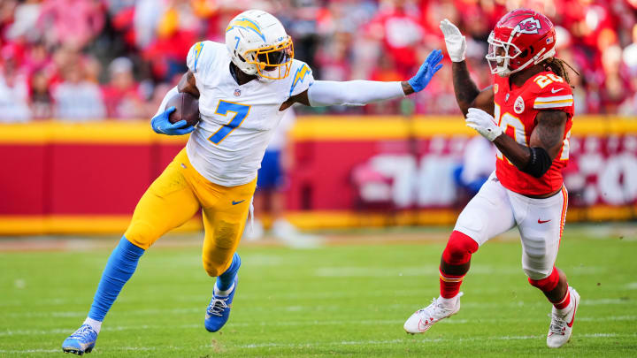 Gerald Everett delivers a stiff arm to Chiefs DB Justin Reid. Everett has operated in this Bears/Shane Waldron offense before. Gerald Everett delivers a stiff arm to Chiefs DB Justin Reid. Everett has operated in this Bears/Shane Waldron offense before.