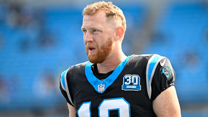 Nov 3, 2024; Charlotte, North Carolina, USA; Carolina Panthers punter Johnny Hekker (10) during warm ups before the game at Bank of America Stadium. Mandatory Credit: Bob Donnan-Imagn Images Nov 3, 2024; Charlotte, North Carolina, USA; Carolina Panthers punter Johnny Hekker (10) during warm ups before the game at Bank of America Stadium. Mandatory Credit: Bob Donnan-Imagn Images