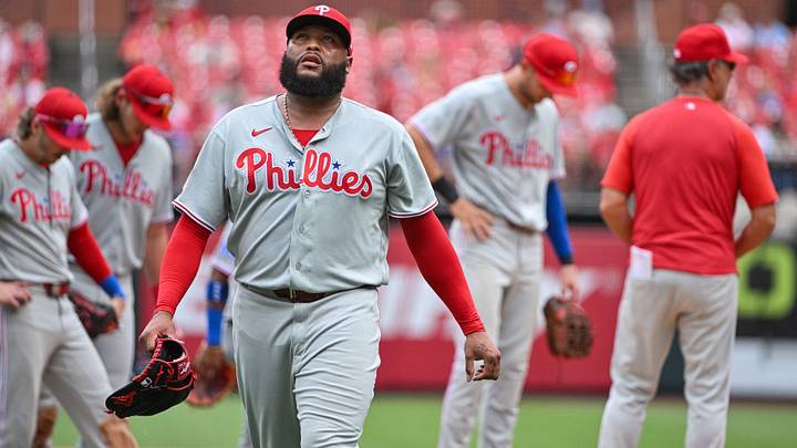 Aug 12, 2026; St. Louis, Missouri, USA; Philadelphia Phillies pitcher Jose Alvarado (46) walks off the field after he was removed from the game against the St. Louis Cardinals during the seventh inning at Busch Stadium. Mandatory Credit: Jeff Curry-Imagn Images Aug 12, 2026; St. Louis, Missouri, USA; Philadelphia Phillies pitcher Jose Alvarado (46) walks off the field after he was removed from the game against the St. Louis Cardinals during the seventh inning at Busch Stadium. Mandatory Credit: Jeff Curry-Imagn Images