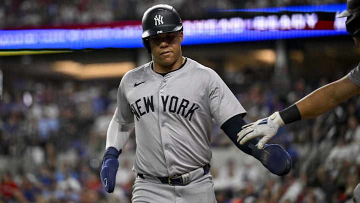 Sep 2, 2024; Arlington, Texas, USA; New York Yankees right fielder Juan Soto (22) in action during the game between the Texas Rangers and the New York Yankees at Globe Life Field. Sep 2, 2024; Arlington, Texas, USA; New York Yankees right fielder Juan Soto (22) in action during the game between the Texas Rangers and the New York Yankees at Globe Life Field.
