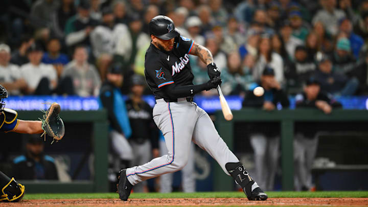 Seattle, Washington, USA; Miami Marlins designated hitter Agustin Ramirez (50) hits a 2-run home run against the Seattle Mariners during the eighth inning at T-Mobile Park. Seattle, Washington, USA; Miami Marlins designated hitter Agustin Ramirez (50) hits a 2-run home run against the Seattle Mariners during the eighth inning at T-Mobile Park.