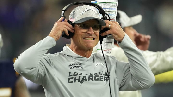 Nov 25, 2024; Inglewood, California, USA; Los Angeles Chargers coach Jim Harbaugh reacts against the Baltimore Ravens in the first half at SoFi Stadium. Mandatory Credit: Kirby Lee-Imagn Images