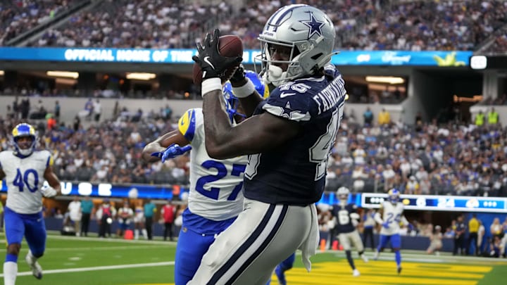 Dallas Cowboys tight end Rivaldo Fairweather catches a 7-yard touchdown pass in the second half against Los Angeles. Dallas Cowboys tight end Rivaldo Fairweather catches a 7-yard touchdown pass in the second half against Los Angeles.