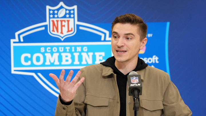Feb 25, 2025; Indianapolis, IN, USA; Jacksonville Jaguars general manger James Gladstone speaks during the NFL Scouting Combine at the Indiana Convention Center. Mandatory Credit: Kirby Lee-Imagn Images