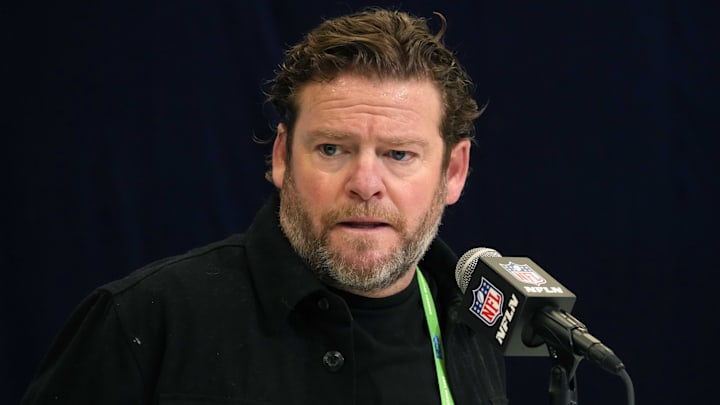Feb 25, 2025; Indianapolis, IN, USA; Seattle Seahawks general manager John Schneider speaks during the NFL Scouting Combine at the Indiana Convention Center. Mandatory Credit: Kirby Lee-Imagn Images