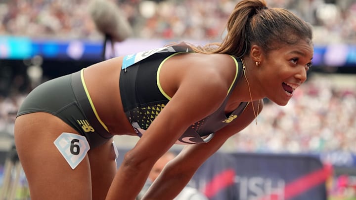 Gabby Thomas (USA) reacts after winning the women's 200m in a meet record 21.82 during the London Athletics Meet at London Stadium. 
