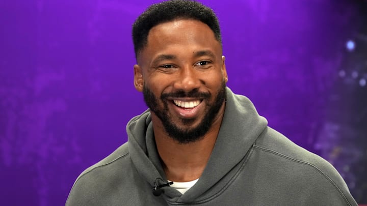Feb 5, 2025; New Orleans, LA, USA; Cleveland Browns defensive end Myles Garrett on radio row at the Super Bowl LIX media center at the Ernest N. Morial Convention Center. Mandatory Credit: Kirby Lee-Imagn Images Feb 5, 2025; New Orleans, LA, USA; Cleveland Browns defensive end Myles Garrett on radio row at the Super Bowl LIX media center at the Ernest N. Morial Convention Center. Mandatory Credit: Kirby Lee-Imagn Images
