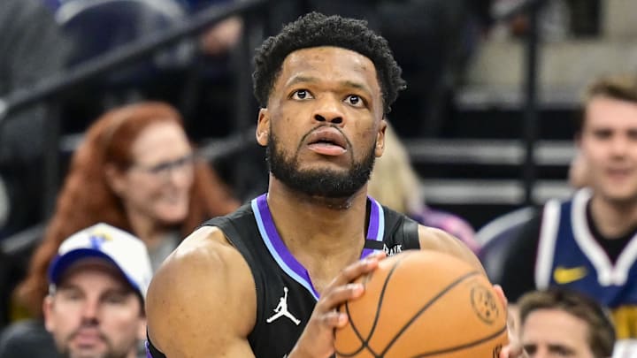 Mar 2, 2026; Salt Lake City, Utah, USA; Utah Jazz guard Elijah Harkless (16) lines up his three-point shot during the first half against the Denver Nuggets at Delta Center. Mandatory Credit: Peter Creveling-Imagn Images
