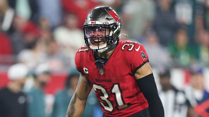 Jan 15, 2024; Tampa, Florida, USA; Tampa Bay Buccaneers safety Antoine Winfield Jr. (31) reacts on the field during the second half of a 2024 NFC wild card game against the Philadelphia Eagles at Raymond James Stadium. Mandatory Credit: Nathan Ray Seebeck-USA TODAY Sports