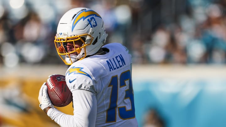 Nov 16, 2025; Jacksonville, Florida, USA; Los Angeles Chargers wide receiver Keenan Allen (13) catches a pass against the Jacksonville Jaguars during the fourth quarter at EverBank Stadium. Mandatory Credit: Nathan Ray Seebeck-Imagn Images