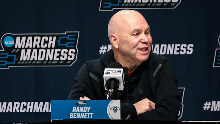 Mar 18, 2026; Oklahoma City, OK, USA; Saint Mary's Gaels head coach Randy Bennett gives an interview prior to a practice session ahead of the first round of the men's 2026 NCAA Tournament at Paycom Center. Mandatory Credit: William Purnell-Imagn Images