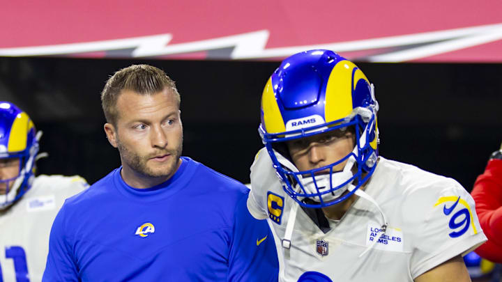 Dec 13, 2021; Glendale, Arizona, USA; Los Angeles Rams head coach Sean McVay with quarterback Matthew Stafford (9) against the Arizona Cardinals at State Farm Stadium. Mandatory Credit: Mark J. Rebilas-Imagn Images Dec 13, 2021; Glendale, Arizona, USA; Los Angeles Rams head coach Sean McVay with quarterback Matthew Stafford (9) against the Arizona Cardinals at State Farm Stadium. Mandatory Credit: Mark J. Rebilas-Imagn Images