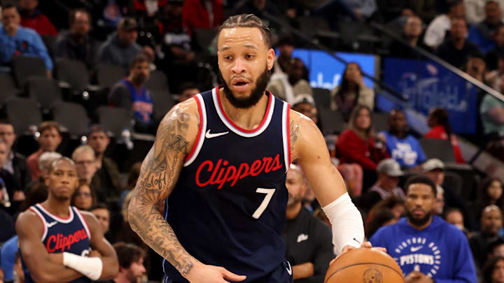 Mar 5, 2025; Inglewood, California, USA; LA Clippers guard Amir Coffey (7) dribbles during the second quarter against the Detroit Pistons at Intuit Dome. Mandatory Credit: Jason Parkhurst-Imagn Images