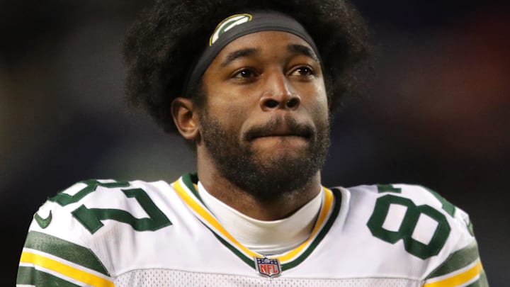 Green Bay Packers wide receiver Romeo Doubs (87) reacts following the Packers’ loss to the Chicago Bears during their wild-card playoff football game Saturday, January 10, 2026, at Soldier Field in Chicago, Illinois. The Bears defeated the Packers 31-27.