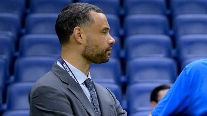 Mar 26, 2024; New Orleans, Louisiana, USA; Trajan Langdon, the general manager of the New Orleans Pelicans, left, talks with Oklahoma City Thunder forward Kenrich Williams (34) before a game at Smoothie King Center. Mandatory Credit: Matthew Hinton-Imagn Images Mar 26, 2024; New Orleans, Louisiana, USA; Trajan Langdon, the general manager of the New Orleans Pelicans, left, talks with Oklahoma City Thunder forward Kenrich Williams (34) before a game at Smoothie King Center. Mandatory Credit: Matthew Hinton-Imagn Images